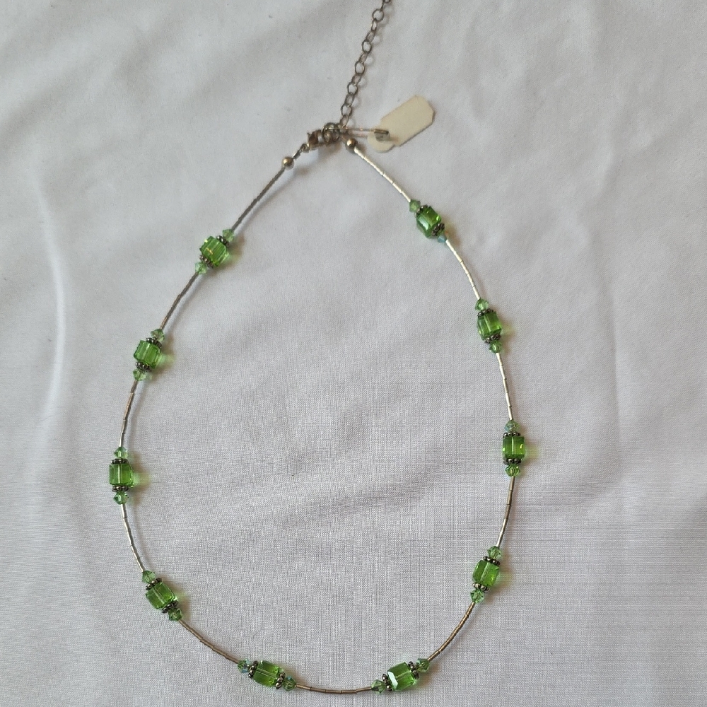 Sterling Silver Green Beaded Dainty Necklace W Extender